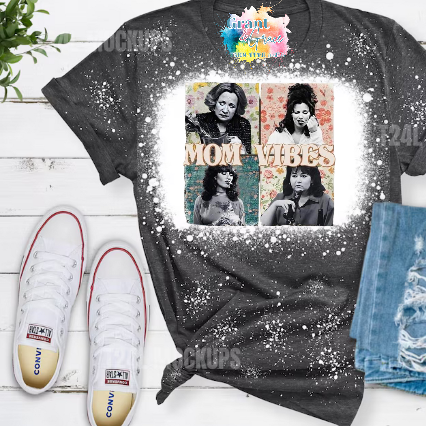 Mom Vibes Charcoal Grey Bleached T-Shirt